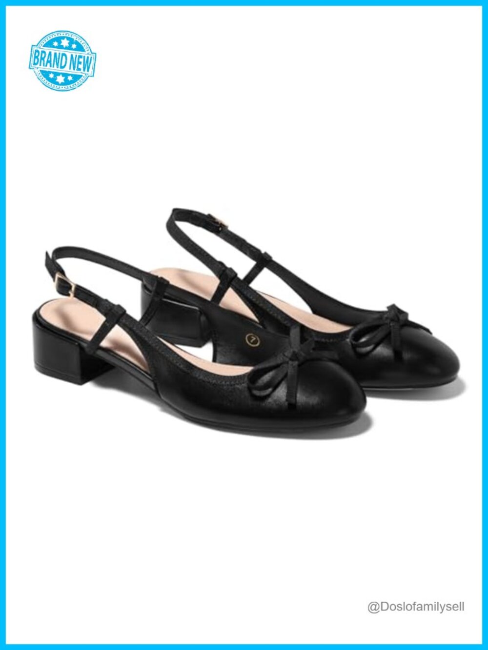 Womens Chunky Low Heel Slingback Ballet Bow Pumps Faux Leather